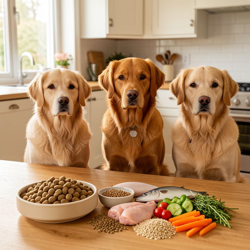 Croquettes naturelles dans un bol avec des portions mesurées, des ingrédients frais et trois chiens de tailles différentes dans une cuisine lumineuse.