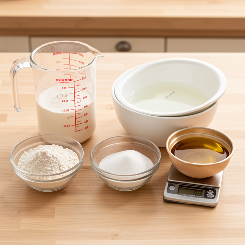 Verre doseur, balance de cuisine et bols contenant différents ingrédients pour illustrer la conversion d’un volume en grammes selon l’ingrédient.