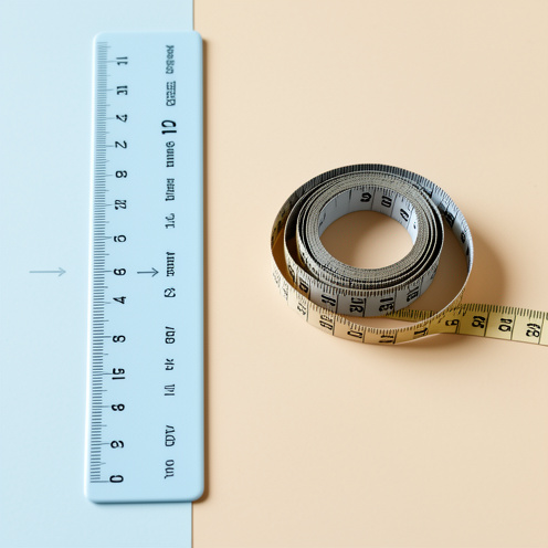 Règle métrique et mètre ruban disposés côte à côte pour illustrer une conversion de mesure.
