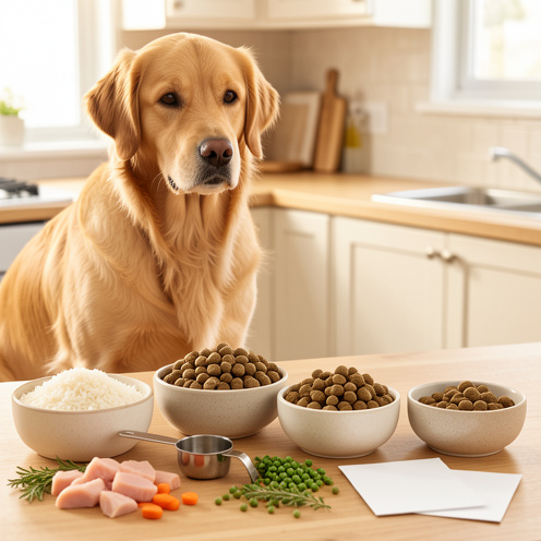 Chien golden retriever à côté de plusieurs bols contenant différentes croquettes, entourés d’ingrédients frais et d’une cuillère doseuse dans une cuisine lumineuse.