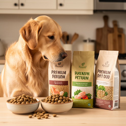 Sélection de croquettes pour animaux présentée dans des bols et des sacs sans marque, accompagnée d’ingrédients naturels et d’un golden retriever.