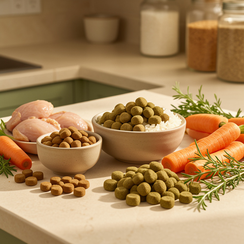 Nature morte présentant des croquettes pour animaux dans des bols en céramique, accompagnées d’ingrédients naturels évoquant leur composition et leurs différentes gammes.