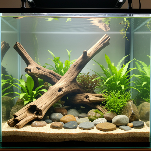 Aquarium d’eau douce décoré avec du bois flotté, des pierres lisses, du sable fin et des plantes aquatiques verdoyantes.