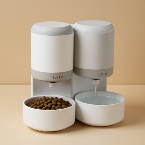 Distributeur moderne de croquettes et d’eau avec deux réservoirs de 1,5 litre et deux bols pour chat.