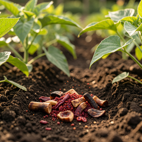 Épandage d’un engrais organique à base de corne torréfiée et de sang séché autour de plants potagers dans un sol riche.