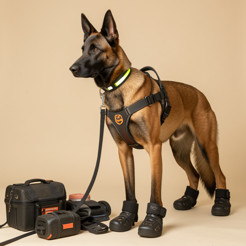 Chien de travail portant un harnais professionnel, une laisse robuste, un collier réfléchissant et des bottines de protection, avec des accessoires canins disposés à ses côtés.