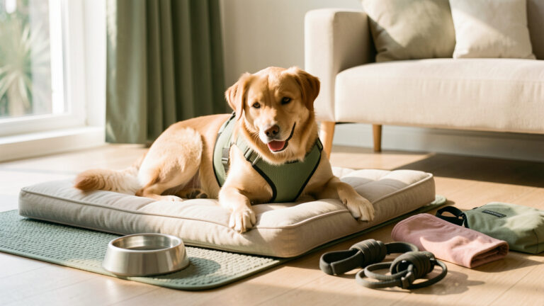 Chien portant un harnais rembourré bien ajusté, installé confortablement sur un coussin orthopédique dans une maison lumineuse.