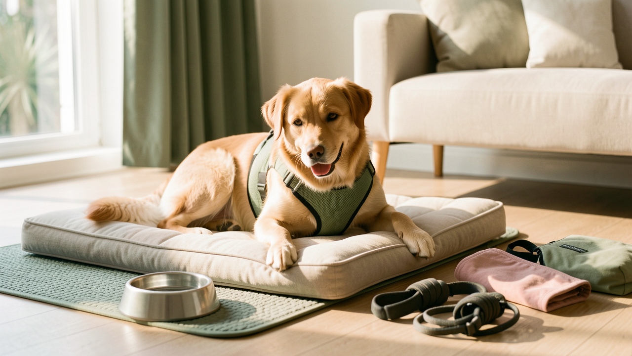 Chien portant un harnais rembourré bien ajusté, installé confortablement sur un coussin orthopédique dans une maison lumineuse.
