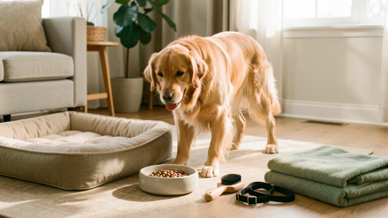 Un golden retriever heureux entouré d’accessoires essentiels à son bien-être dans un intérieur chaleureux et lumineux.