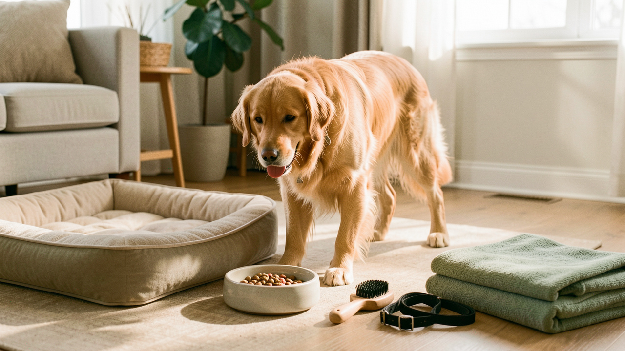 Un golden retriever heureux entouré d’accessoires essentiels à son bien-être dans un intérieur chaleureux et lumineux.