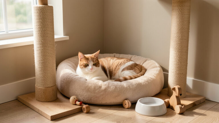 Un chat installé dans un coin douillet et sécurisé avec un panier moelleux, un griffoir, une gamelle d’eau et quelques jouets.