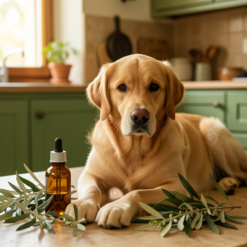 Chien en bonne santé couché près de feuilles d’olivier et d’un flacon ambré sans étiquette, dans une ambiance de bien-être vétérinaire.