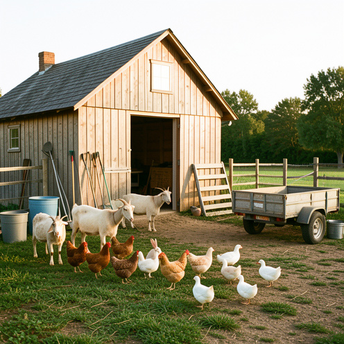 Cour de ferme accueillante avec des chèvres, des poules, des lapins et des canards près d’une grange en bois, entourée de matériel agricole propre.
