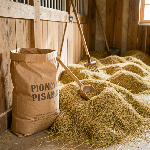 Sac en papier kraft sans marquage contenant de la fibre de chanvre dorée, avec une pelle et un râteau dans une écurie propre.