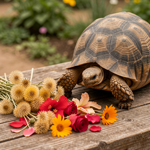 Une tortue méditerranéenne observe un assortiment de fleurs séchées composé de pissenlit, d’hibiscus, de pétales de rose et de calendula.