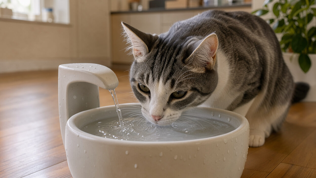 Chat domestique buvant de l’eau fraîche dans une fontaine en céramique, dans une cuisine lumineuse.