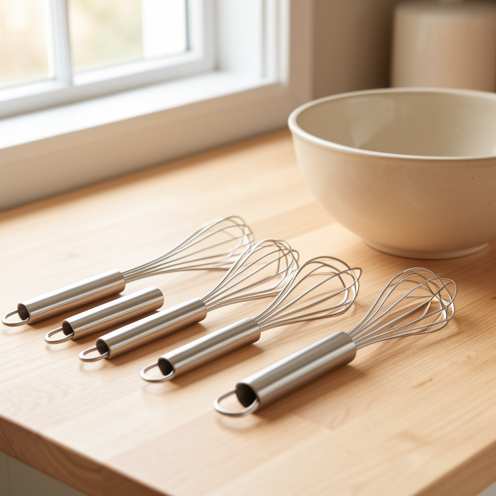 Collection de fouets de cuisine en acier inoxydable, de différentes formes et tailles, présentés sur un plan de travail en bois avec un bol en céramique.