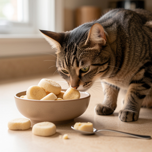 Friandises crémeuses pour chat disposées près d’un bol, avec un chat tigré qui en renifle une et des portions mesurées visibles.