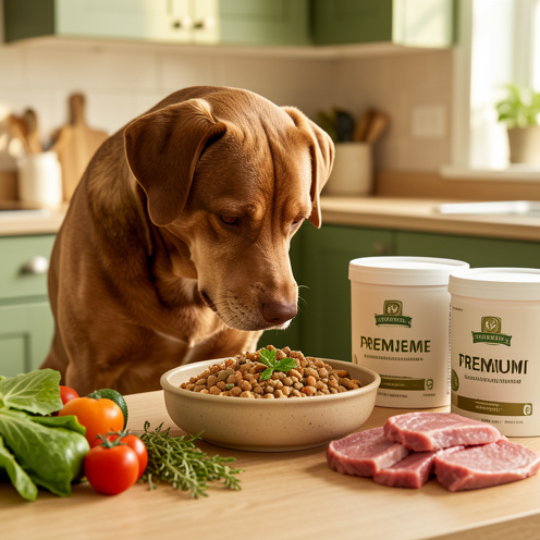 Chien brun en bonne santé devant des bols contenant une alimentation équilibrée, entouré de légumes frais, de viande et de contenants de nourriture pour animaux sans inscription.