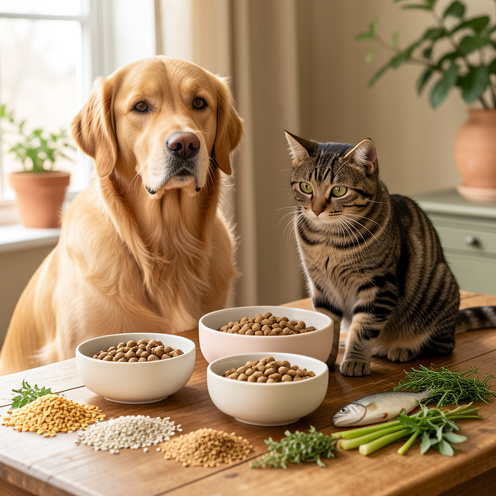 Un chien golden retriever et un chat tigré près de bols contenant des croquettes, entourés d’ingrédients naturels sur une table en bois.