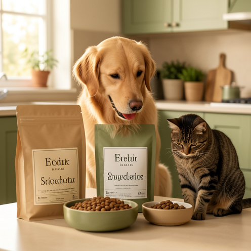 Assortiment de croquettes premium présenté dans des sacs sans marque et des bols, avec un chien golden retriever et un chat tigré dans une cuisine lumineuse.