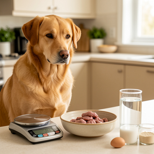 Chien en bonne santé près d’un bol contenant une petite portion mesurée de gésiers de poulet cuits, avec une balance de cuisine et de l’eau fraîche.