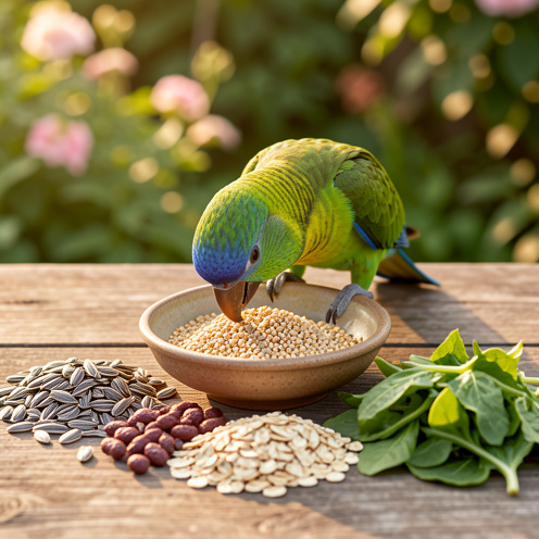 Perroquet vert et bleu sélectionnant des graines variées dans une coupelle en céramique, avec des légumes-feuilles disposés sur une table en bois.