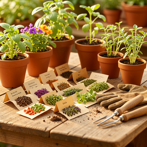 Assortiment de graines, de jeunes plants, de pots en terre cuite et d’outils de jardinage disposés sur une table en bois dans une lumière matinale.