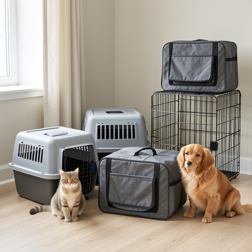 Différents modèles de cages et sacs de transport pour animaux, disposés par tailles avec un chat et un petit chien servant de repères visuels.