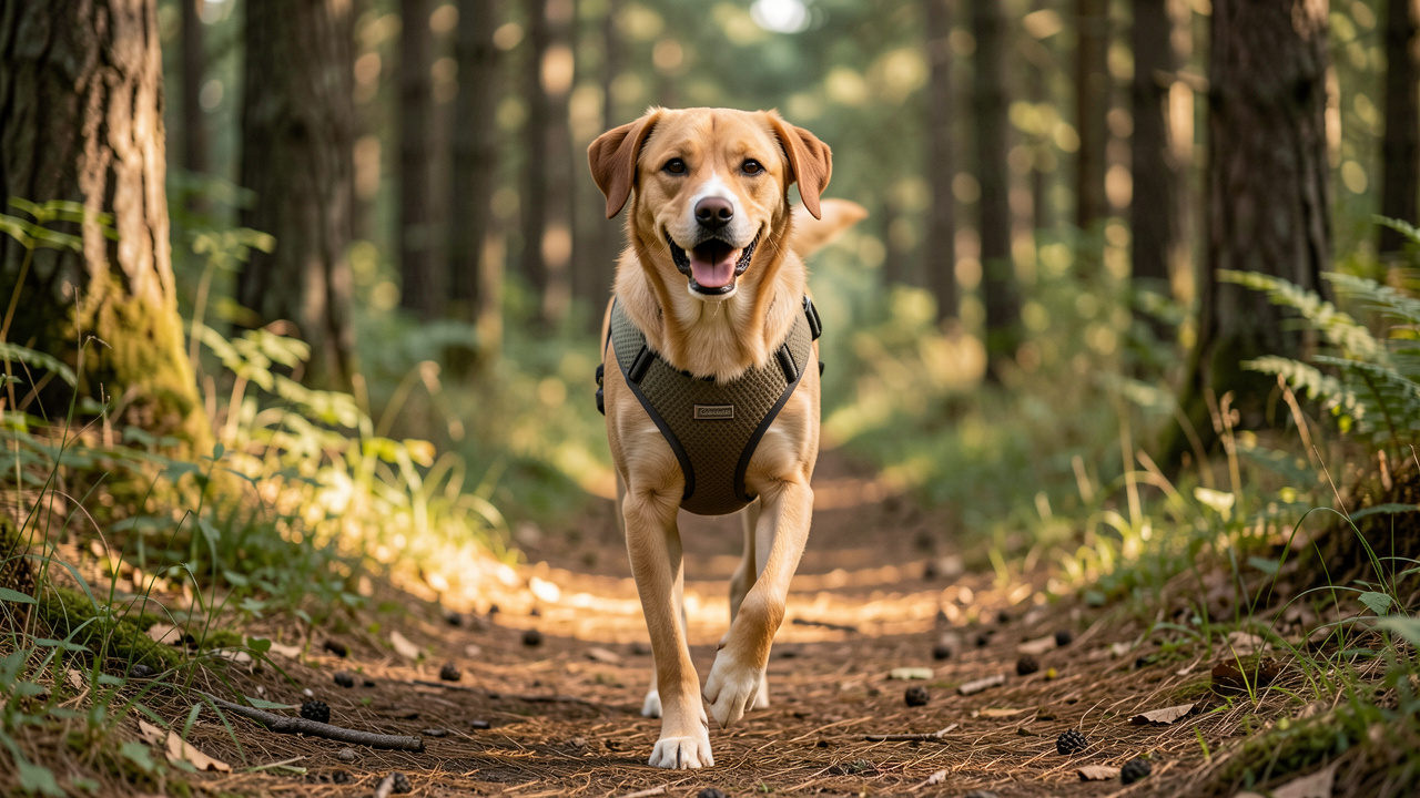 Chien portant un harnais anti-traction confortable et bien ajusté, marchant calmement sur un sentier forestier.