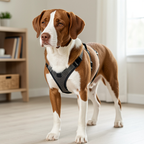 Chien brun et blanc portant un harnais ajustable correctement positionné, avec des sangles visibles autour du poitrail et du ventre.