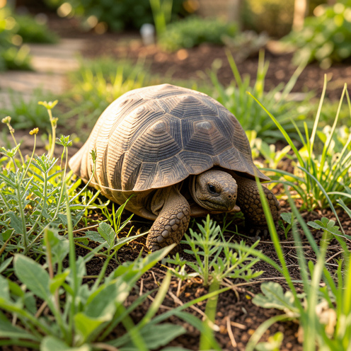 Tortue terrestre broutant un mélange naturel d’herbes et de plantes feuillues dans un jardin lumineux.