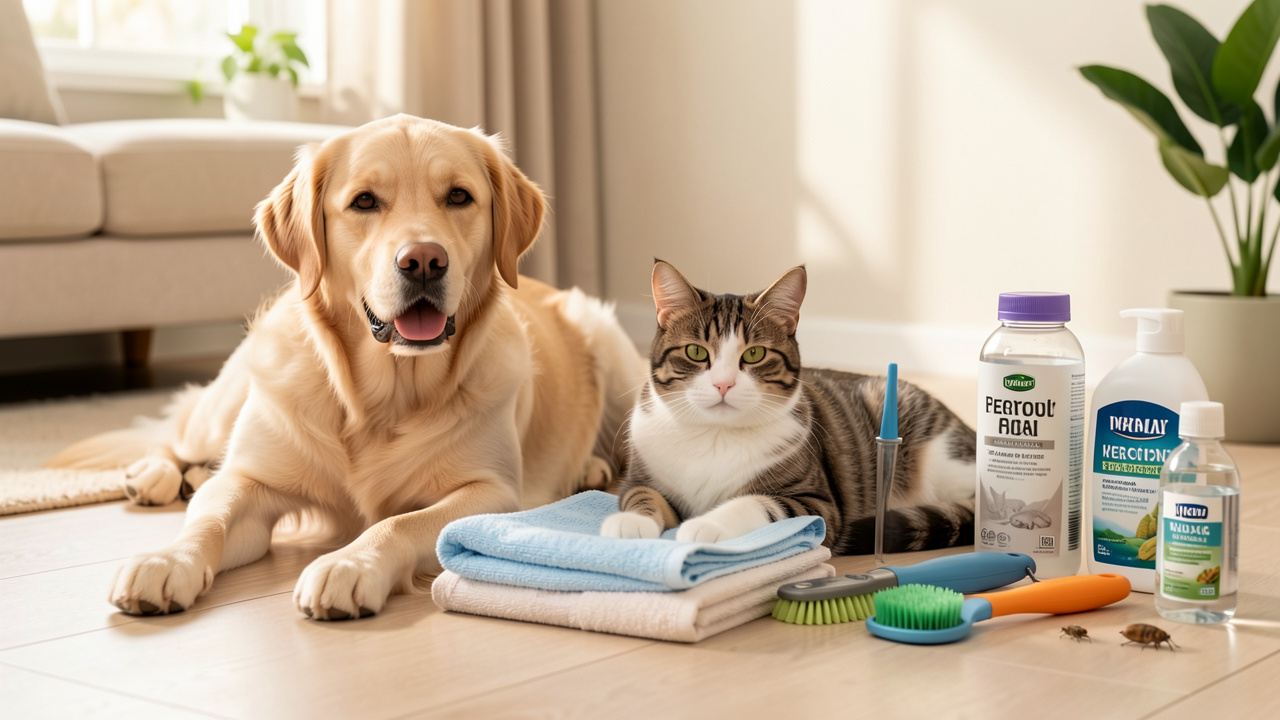 Un chien et un chat en bonne santé entourés d’accessoires propres dédiés à leur hygiène et à la prévention des parasites toute l’année.