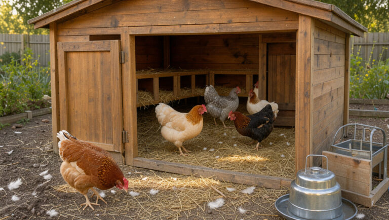 Poulailler propre et bien entretenu avec plusieurs poules en bonne santé sur une litière fraîche, éclairé par la lumière douce du matin.