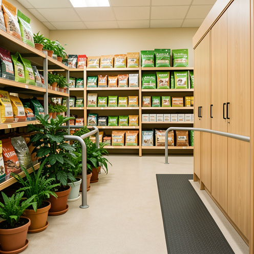 Espace organisé et sécurisé d'une jardinerie avec des plantes en pots, des aliments pour animaux rangés et des allées dégagées.