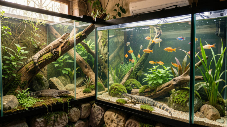 Espace naturel et sécurisé réunissant un terrarium luxuriant pour reptiles et un aquarium planté pour poissons.
