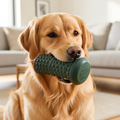 Un chien golden retriever mâche un jouet robuste en caoutchouc dans un intérieur lumineux et propre.