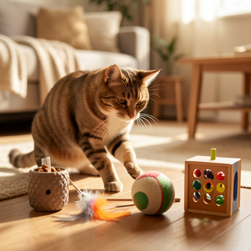 Chat curieux explorant plusieurs jouets d’enrichissement adaptés à son comportement.