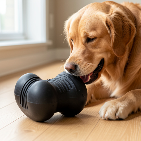 Jouet pour chien de taille moyenne en caoutchouc noir, posé au sol près d’un golden retriever qui l’utilise.