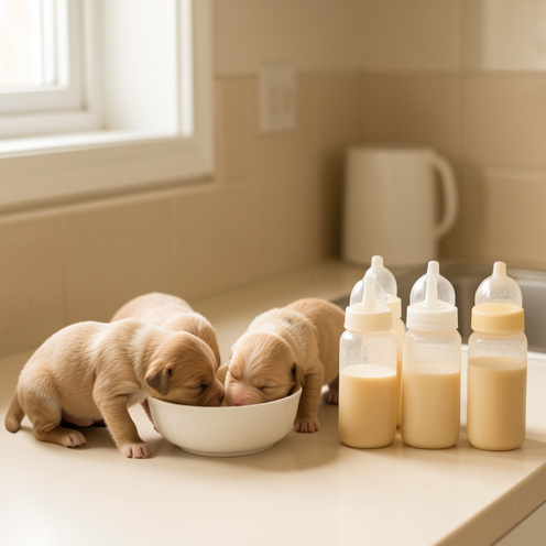 Petits chiots nouveau-nés buvant calmement du lait maternisé préparé dans des biberons propres, avec plusieurs portions disposées à côté.
