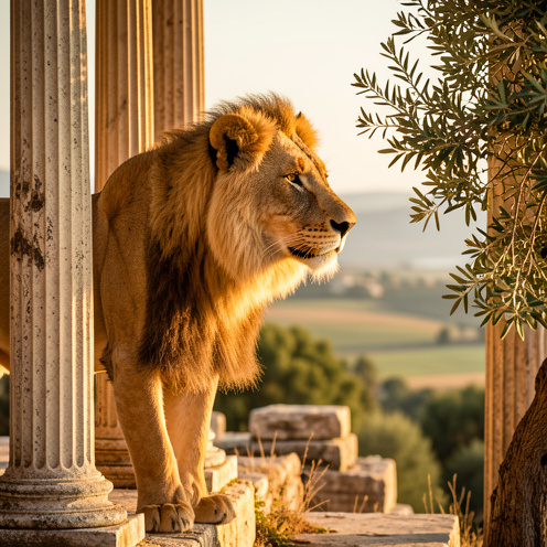 Lion majestueux devant des colonnes grecques anciennes, avec des oliviers et un paysage méditerranéen lumineux.