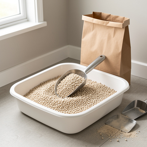 Bac à litière rempli de granulés de bentonite, avec une pelle, un sac sans inscription et quelques grains dispersés illustrant l’absorption et l’entretien.