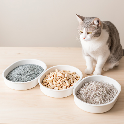 Chat domestique près de trois bacs présentant différentes matières de litière, comme des granulés minéraux, des pellets de bois et des fibres recyclées.