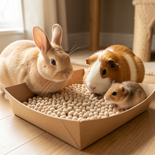Litière en papier dans un bac, observée par un lapin, un cochon d’Inde et un petit hamster.