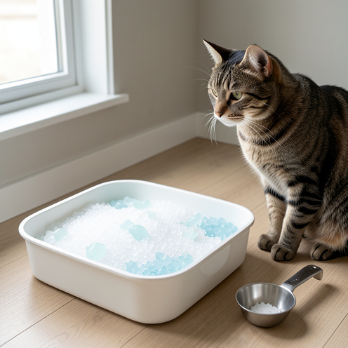 Bac à litière propre rempli de cristaux de silice, avec une pelle et un chat tigré dans un intérieur lumineux.