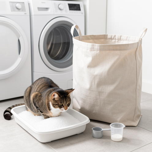 Chat utilisant une litière propre remplie de cristaux de silice blancs, avec un grand sac neutre et une pelle à proximité.