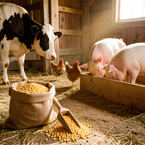 Sac de maïs concassé avec des portions mesurées près d'une mangeoire, entouré d'une vache, de poules et de cochons dans une ferme.