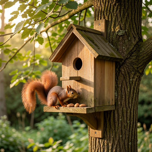 Petite maison mangeoire en bois fixée à un arbre dans un jardin verdoyant, avec un écureuil roux s’approchant de noix fraîches.