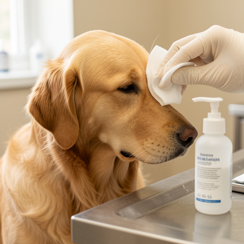Golden retriever calme recevant un nettoyage délicat du contour de l’œil avec un coton stérile, près d’un flacon de soin oculaire sans étiquette.