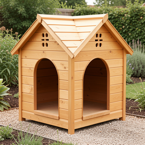 Niche pour chien de taille moyenne au style cottage, en bois naturel, avec toit en pente, entrée arrondie et plancher surélevé.